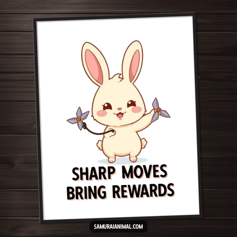 Funny Free Printable Wall Art: A happy rabbit character playfully spinning a miniature shuriken with a curious gaze, full of energy.