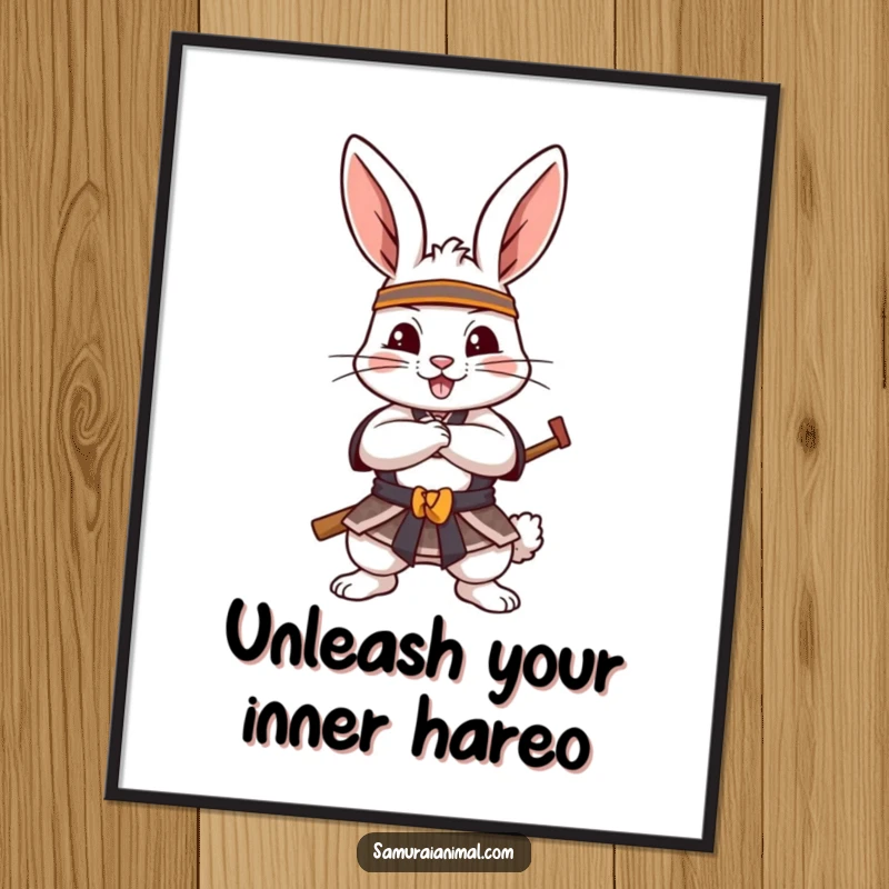 Funny free printable wall art of a cheerful rabbit in a playful samurai pose, ready for action.
