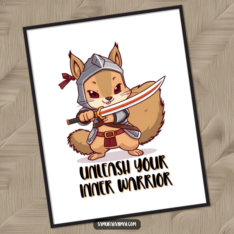 Funny Free Printable Wall Art: A squirrel in full armor dramatically pointing a tiny katana forward.