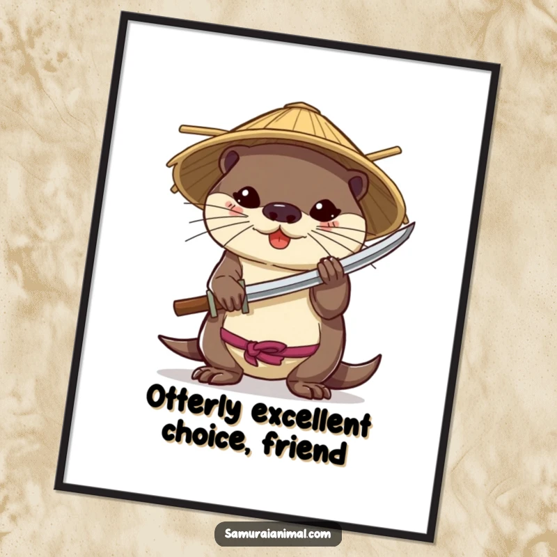 Funny Free Printable Wall Art: A brave otter wearing a bamboo hat expertly wields a tiny katana.