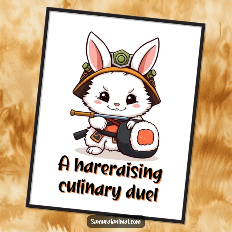 Funny Free Printable Wall Art: Fluffy rabbit in samurai helmet parries a sushi roll, a comical battle scene.