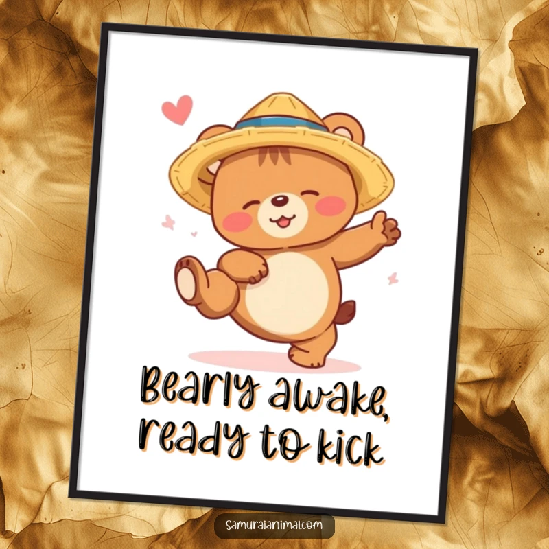 Funny Free Printable Wall Art: A sleepy bear cub in a straw hat, attempting a high kick with a smile, full of charm.