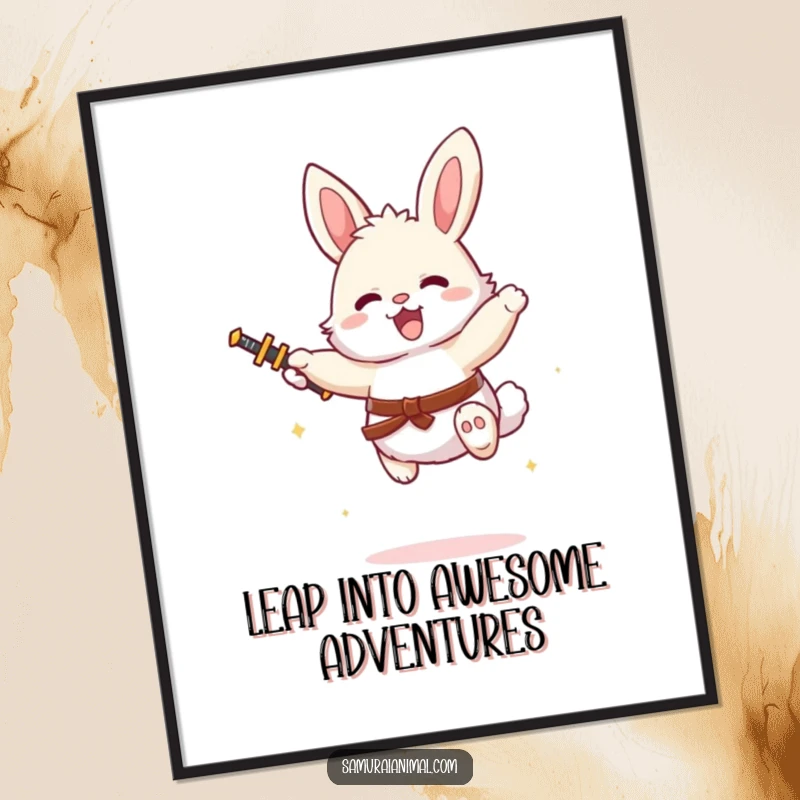 Funny Free Printable Wall Art: A fluffy bunny holding a tiny sword leaps joyfully through the air, full of energy.