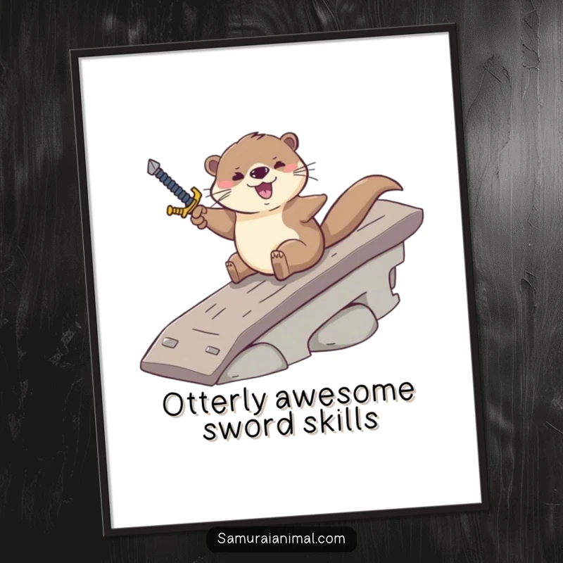 Funny Free Printable Wall Art: A whimsical otter gleefully slides down a ramp with a sword.