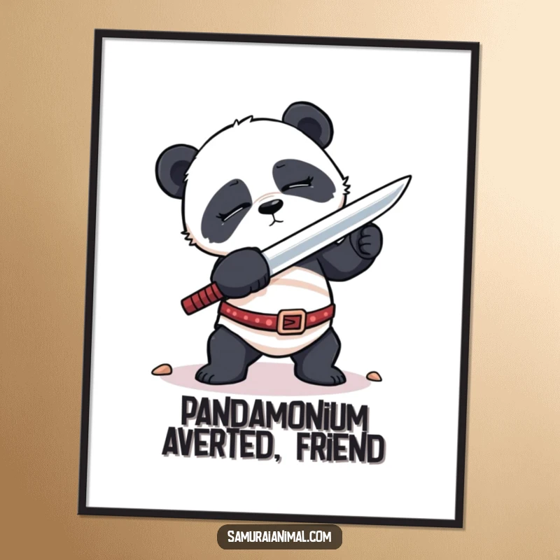 Funny free printable wall art of a sleepy panda awkwardly attempting a sword-fighting stance, full of charm.