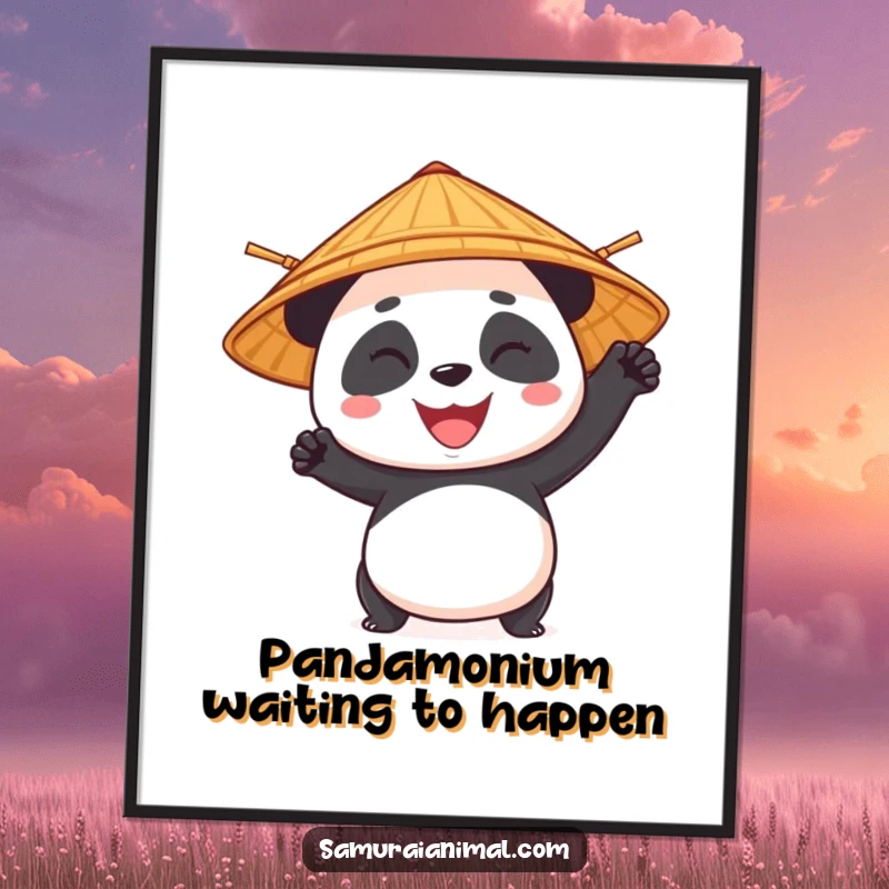 Funny Free Printable Wall Art: A panda wearing a bamboo hat strikes a heroic pose with a wide, cheerful grin.