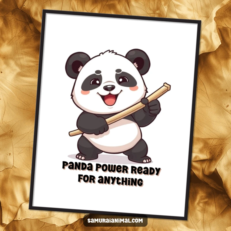 Funny Free Printable Wall Art: A plump panda wields a toothpick sword with a fierce, determined grin, comical and cute.