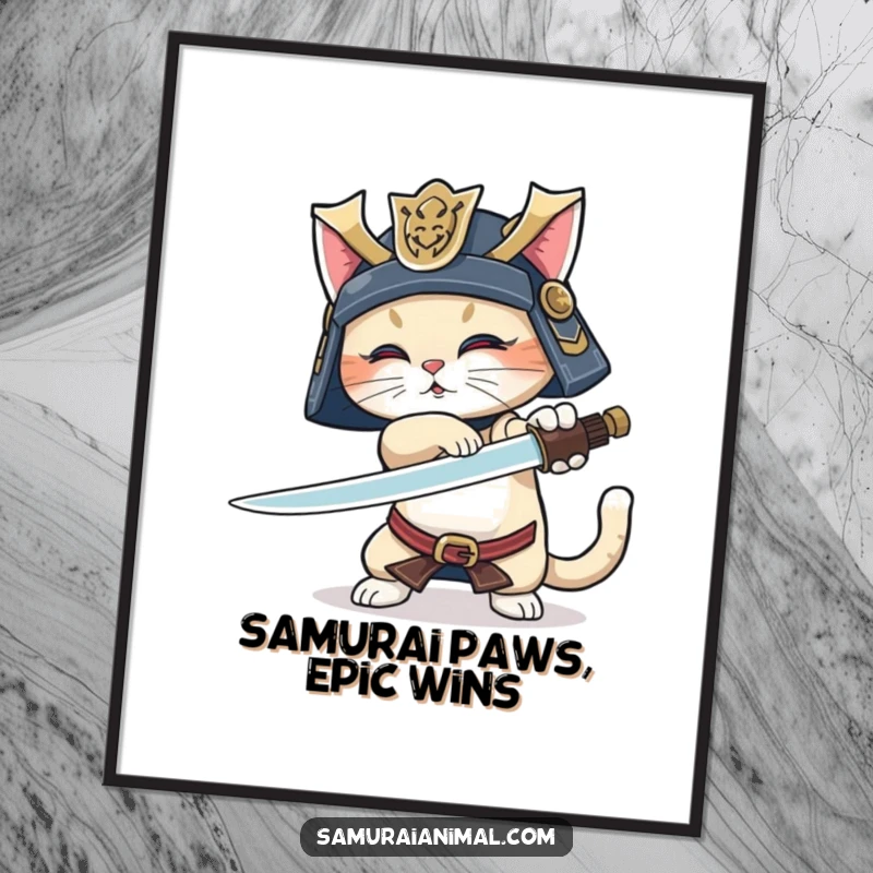 Funny free printable wall art of a brave samurai cat in a helmet, mid-sword trick with a triumphant wagging tail.