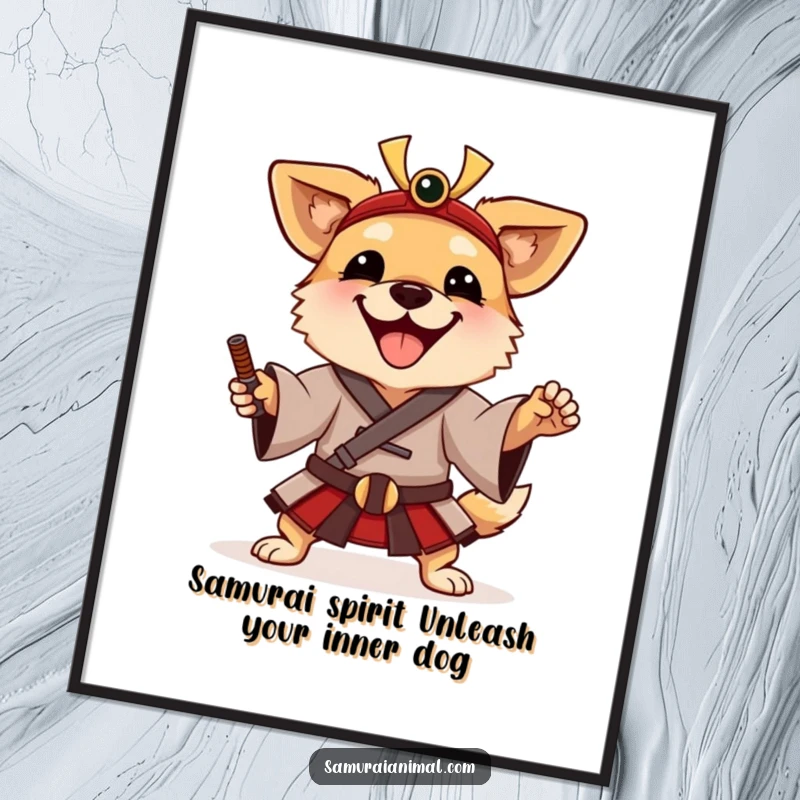 Funny Free Printable Samurai Dog Art, a happy dog clad in a samurai tunic strikes a playful, heroic pose.