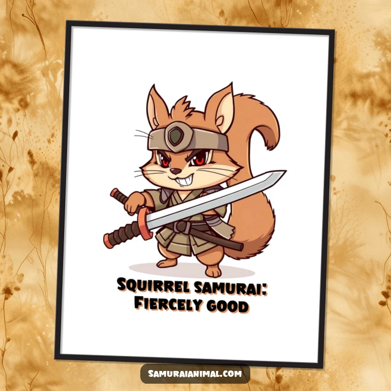 Funny free printable wall art of a playful squirrel samurai brandishing a wooden katana with a determined grin, ready for action.