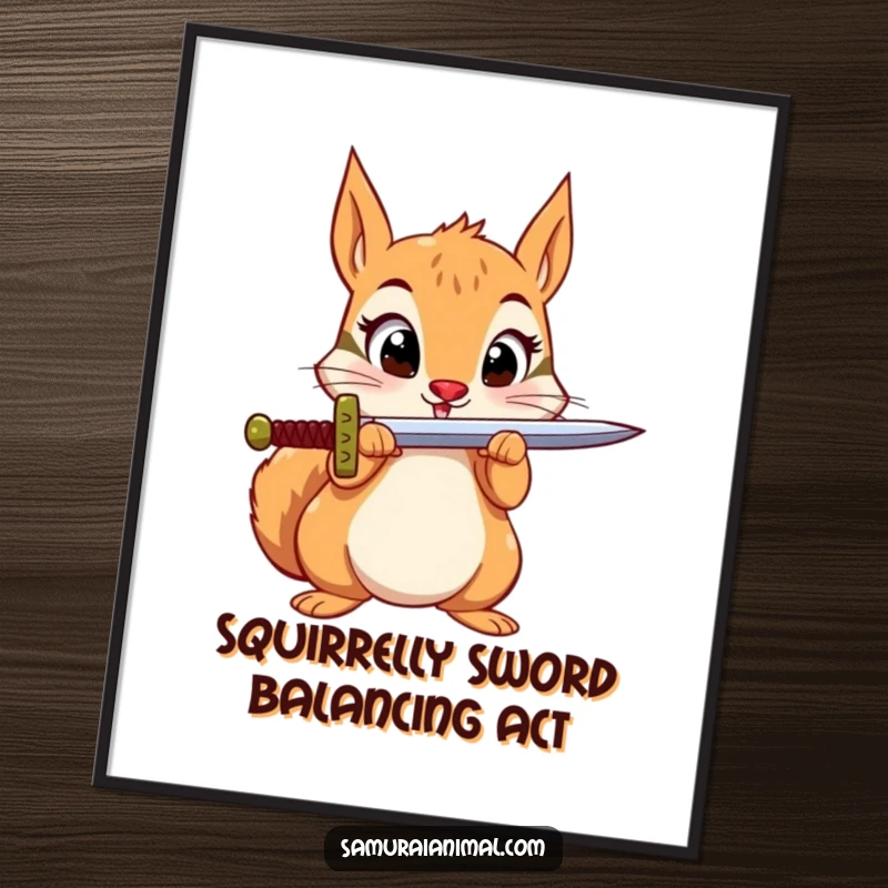 Funny Free Printable Wall Art: A small squirrel with wide, excited eyes tries to balance a sword on its nose.