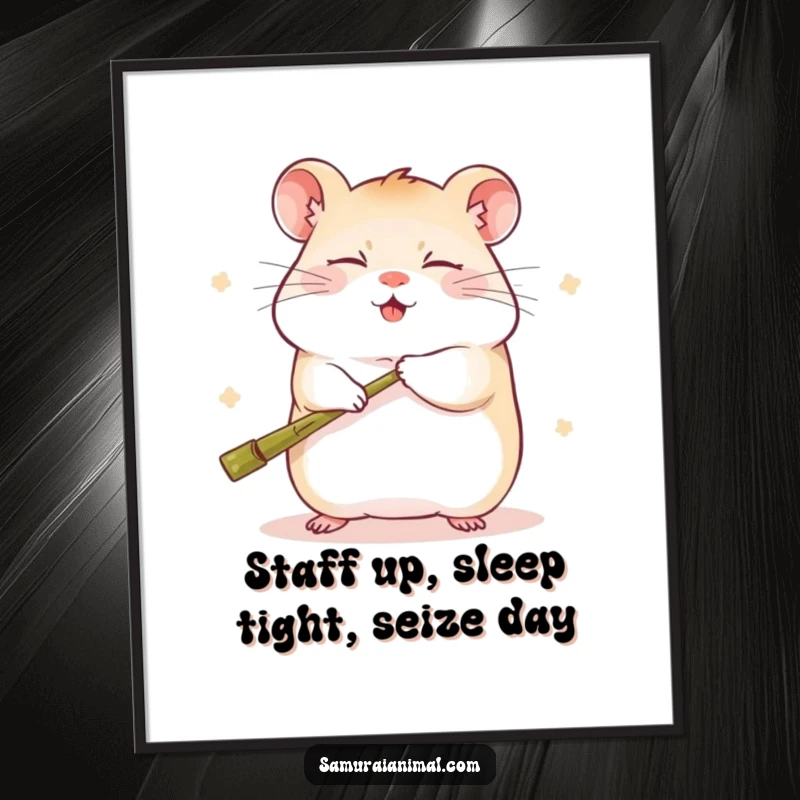 Funny Free Printable Wall Art: A sleepy hamster playfully swings a miniature bamboo staff, exuding quiet ninja confidence on your wall.