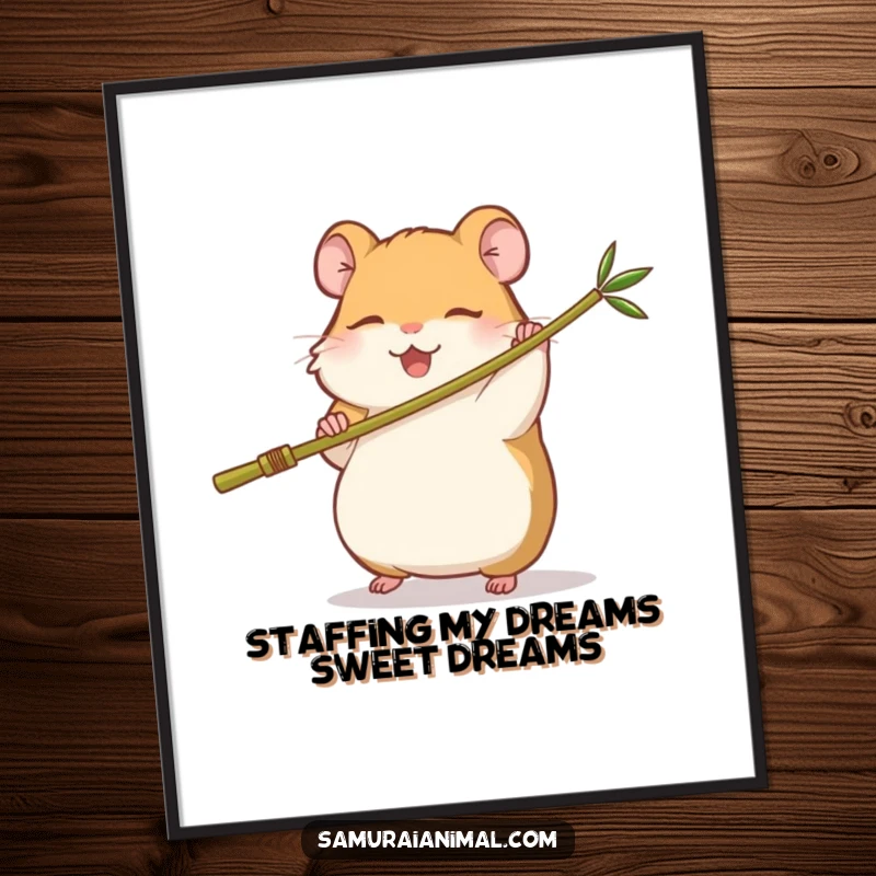 Funny Free Printable Wall Art: Sleepy hamster masterfully swinging a miniature bamboo staff with a content, happy expression.