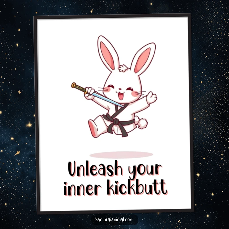 Funny free printable wall art depicting a courageous bunny executing a powerful karate kick, adding a playful, dynamic touch.
