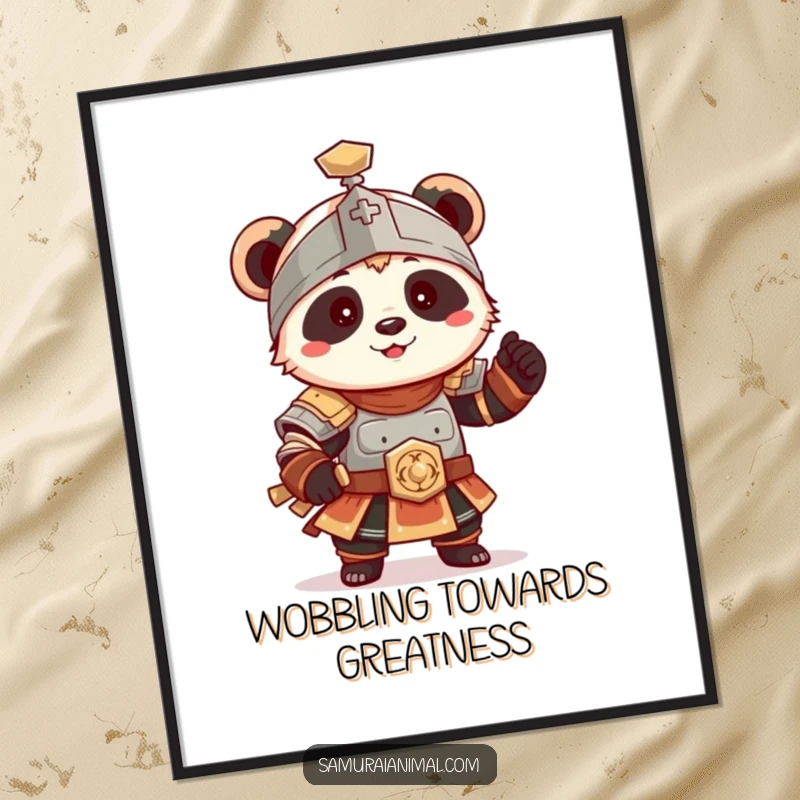 Funny Free Printable Panda Wall Art: Tiny panda in ancient armor strikes a playful, wobbly pose.