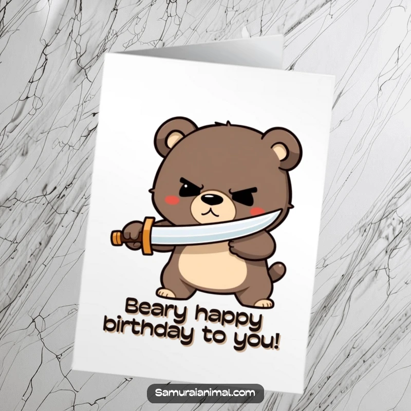 Funny Free Printable birthday card showing a small bear with a determined grin parrying with a tiny wooden sword, ready for a grand celebration.