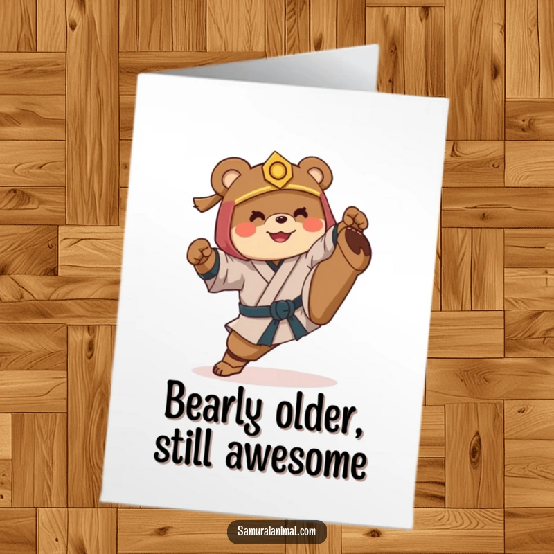 Funny Free Printable Birthday Card: Smiling samurai bear attempting a high kick with funny awkwardness, downloadable art.
