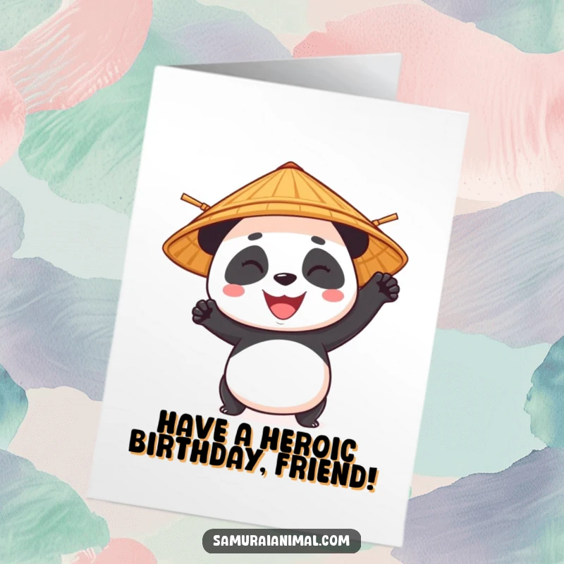 Funny Free Printable Birthday Card: A panda in a bamboo hat strikes a heroic pose with a big, confident grin.