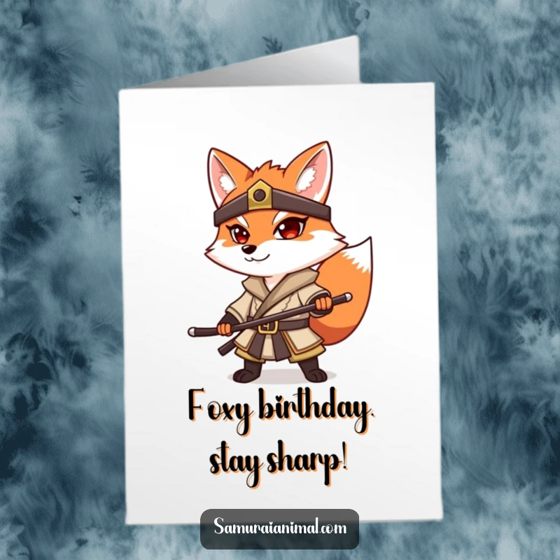 Funny Free Printable Birthday Card: A determined fox in a samurai outfit strikes a heroic and powerful pose.