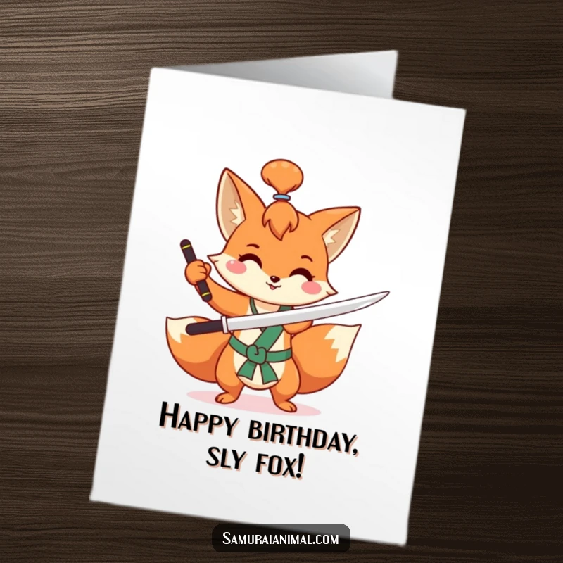 Funny Free Printable Birthday Card: A mischievous fox with a topknot, practicing a swift sword flourish happily, ready to celebrate.