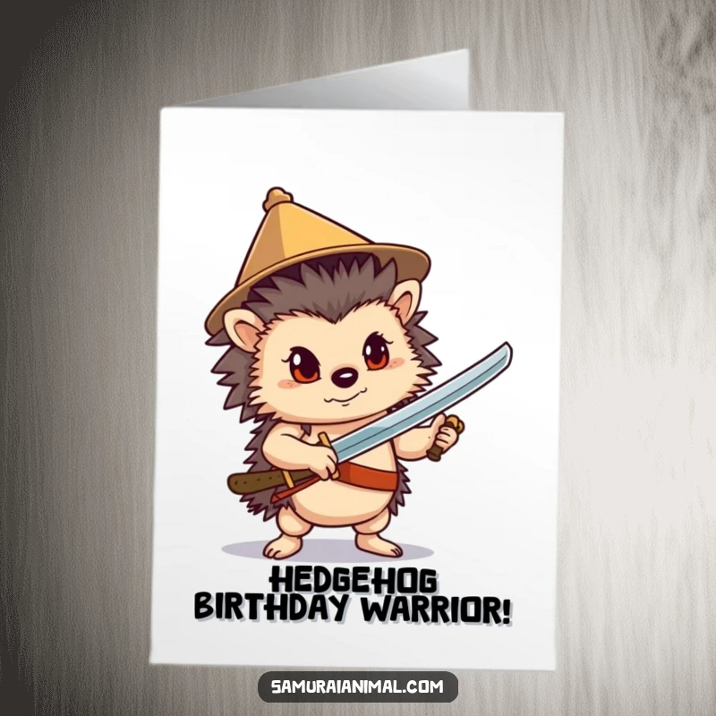 Funny Free Printable Birthday Card: A confident hedgehog in a party hat poses with a sword, ready for birthday adventure.