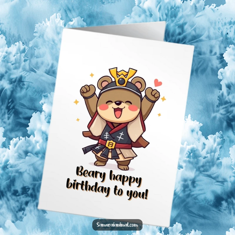 Funny Free Printable Birthday Card: A courageous bear in samurai armor cheers joyfully, celebrating a birthday.