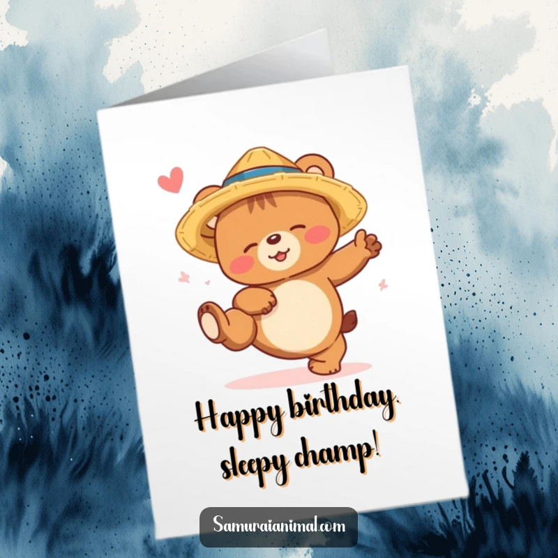 Funny Free Printable Birthday Card: A sleepy bear cub in a straw hat, attempting a high kick with a smile, ready to party.