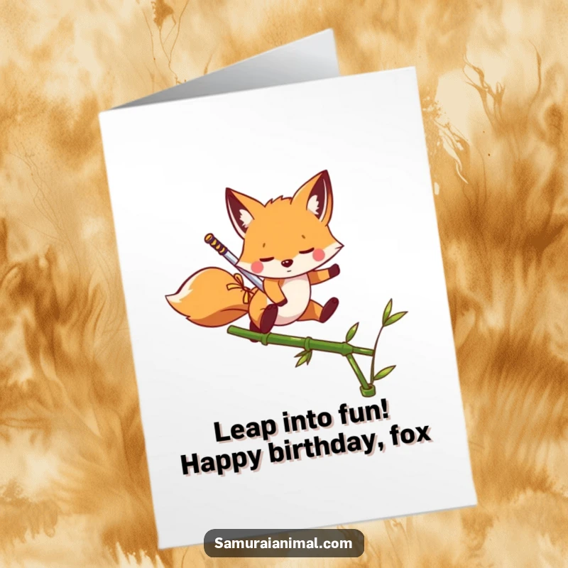 Funny Free Printable Fox Ninja Birthday Card, a playful fox with a tiny sword leaps gracefully over a bamboo shoot.