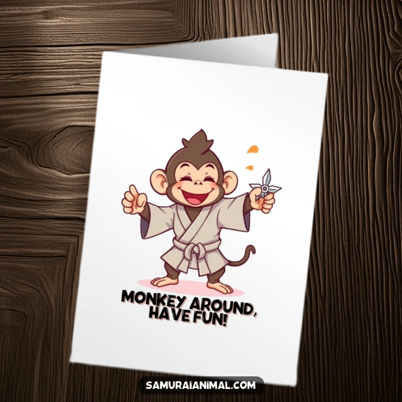 Funny Free Printable Birthday Card: A cheerful monkey in samurai gi throwing a shuriken with glee.