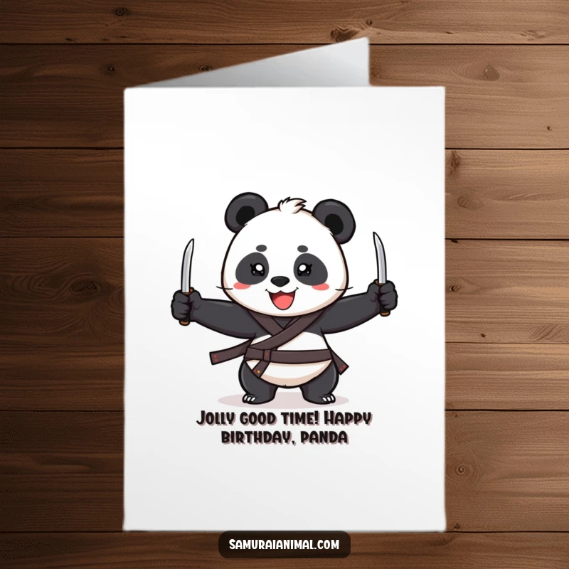 Funny Free Printable Panda Juggler Birthday Card, a cheerful panda grins widely while skillfully juggling three small katanas.