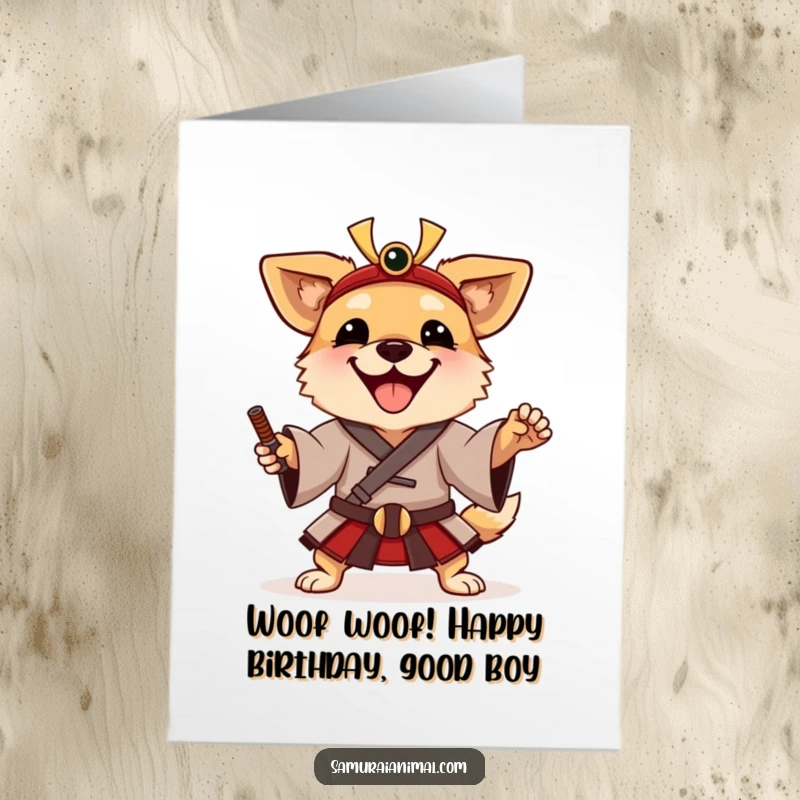 Funny Free Printable Samurai Dog Birthday Card, a happy dog in a samurai tunic strikes a bold and playful pose.