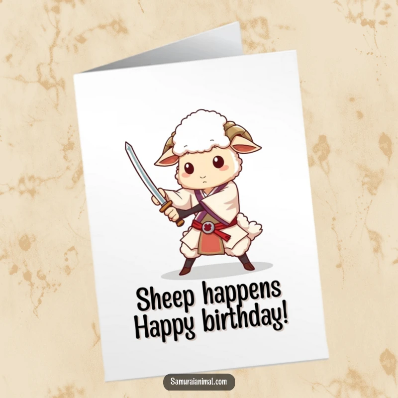 Funny Free Printable Birthday Card: Dignified sheep with a sword doing a graceful flourish, ready to celebrate.