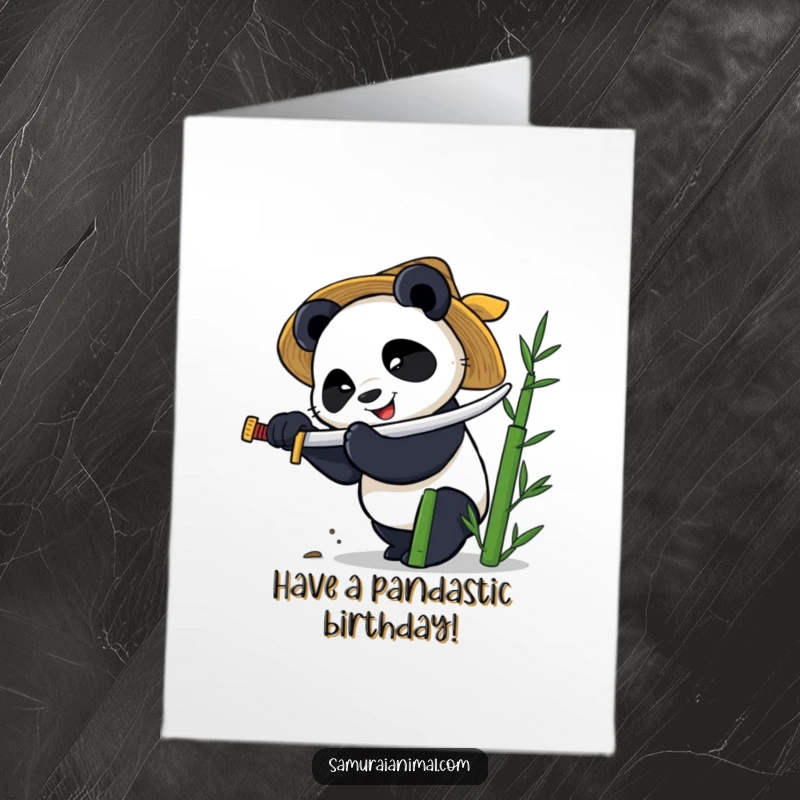 Funny Free Printable Birthday Card: A smiling panda in a straw hat chops bamboo with a tiny katana.