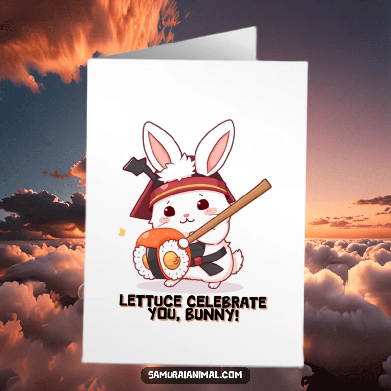 Funny Free Printable Birthday Card featuring a fluffy rabbit samurai battling a sushi roll with a tiny sword.