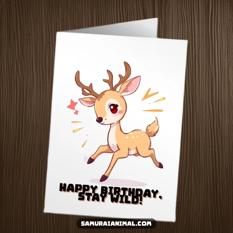 Funny Free Printable Deer Birthday Card: Smiling deer gracefully dodging an imaginary attack, a downloadable gift.
