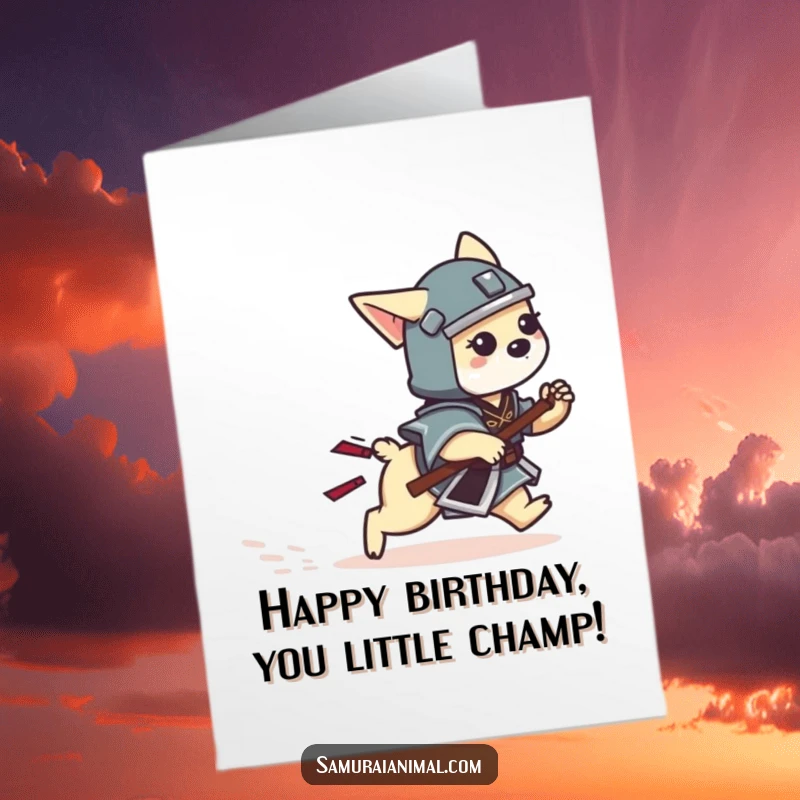 Funny free printable birthday card showing a tiny dog samurai playfully chasing its own wagging tail, celebrating with joy.