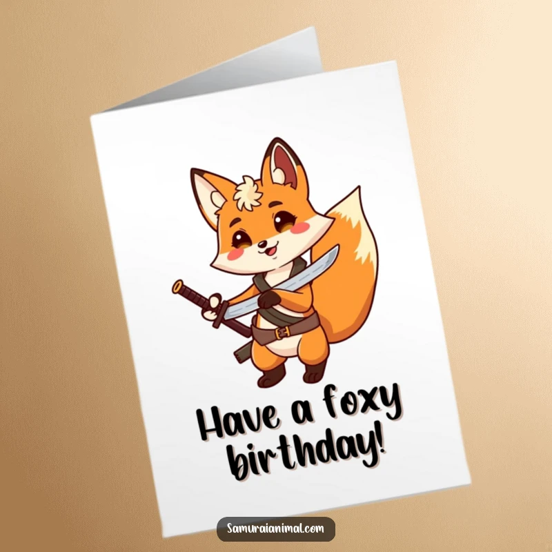 Funny Free Printable Birthday Card: Cheerful fox with a tiny sword strapped to its back strikes a dramatic pose.
