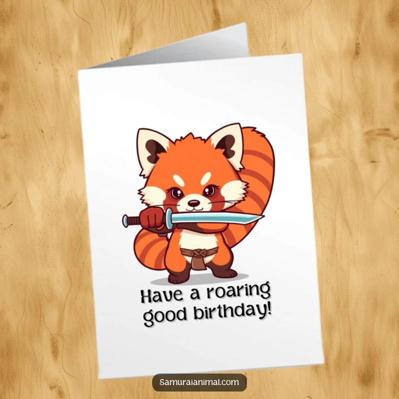 Funny Free Printable Birthday Card: Stylized red panda strikes a dramatic yet adorable sword stance for a birthday wish.
