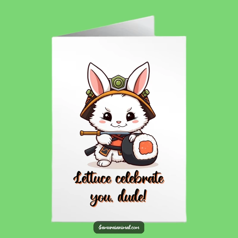 Free Printable Birthday Card: Funny Rabbit Samurai Sushi Battle - Downloadable Greeting