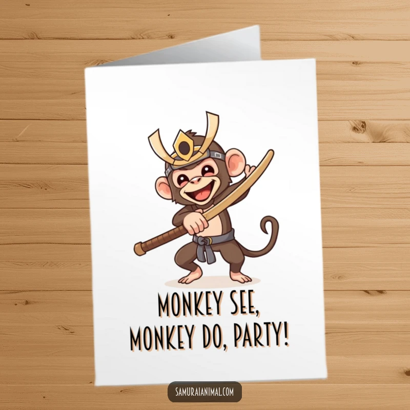 Funny Free Printable Birthday Card: A gleeful monkey in a samurai mask expertly wields a wooden sword, ready for birthday fun.