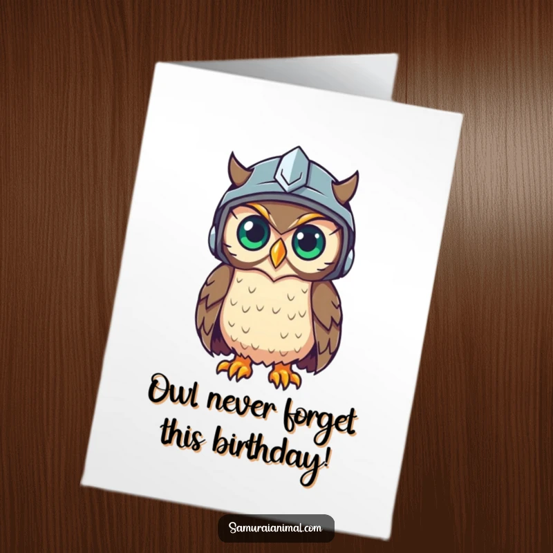 Funny Free Printable Birthday Card: A wise owl wearing a helmet observes with a knowing gleam.