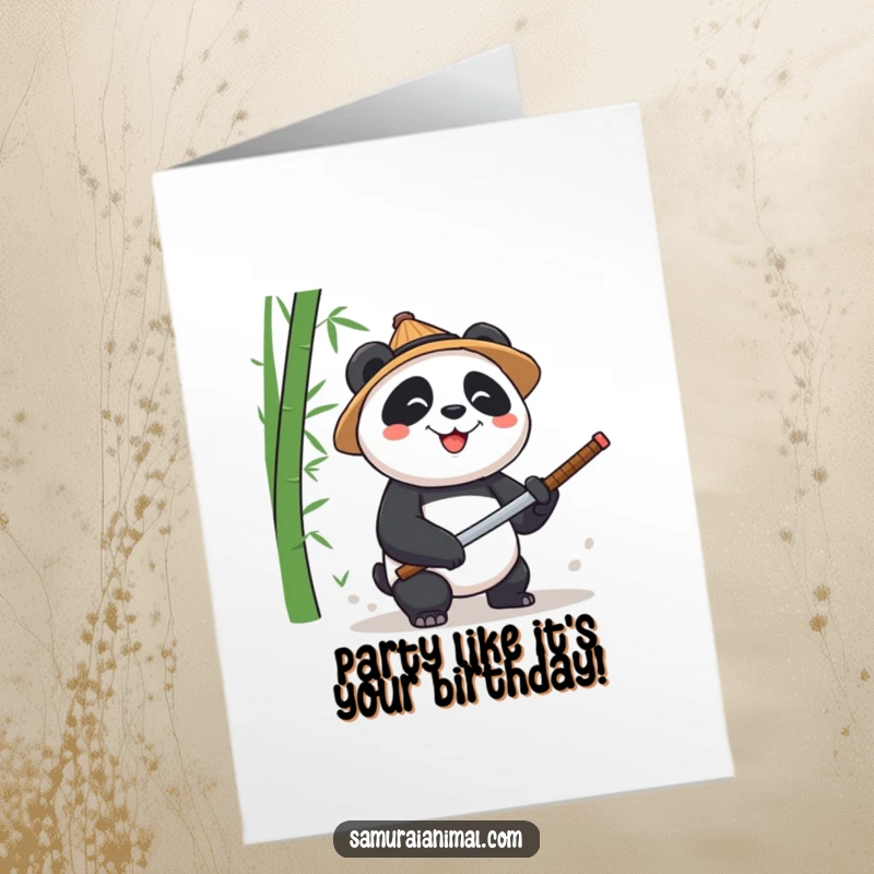 Funny Free Printable Birthday Card: Smiling panda in straw hat furiously chops bamboo with a tiny katana.