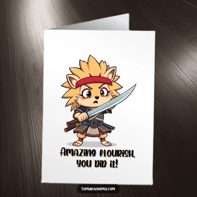 Funny free printable congratulations card featuring a surprised hedgehog samurai attempting a dramatic sword flourish, celebrating success.