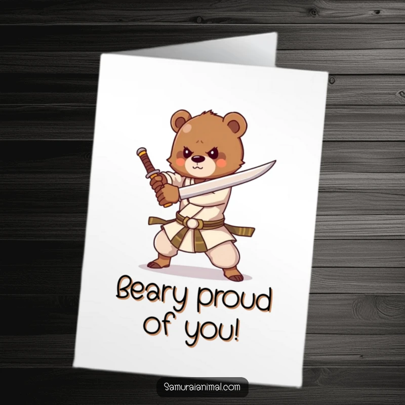 Funny Free Printable Congratulations Card: A strong bear cub enthusiastically practices martial arts with a sword.