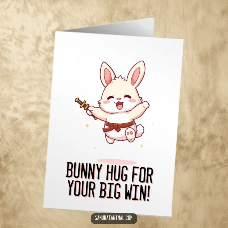 Funny Free Printable Congrats Card: A fluffy bunny brandishes a tiny sword while leaping joyfully, celebrating a win.