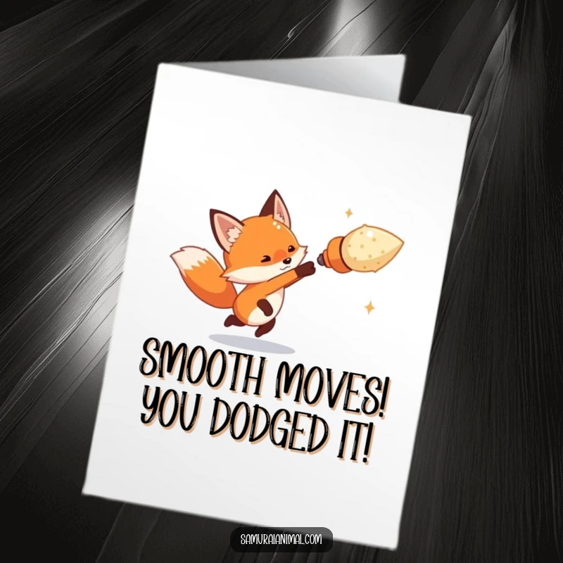 Funny Free Printable Congrats Card: A tiny fox dodges an imaginary object with a swift, artful movement, playful cartoon art.
