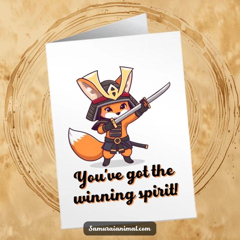 Funny Free Printable Congrats Card: A fox in a samurai helmet playfully swings a sword, demonstrating impressive skills.