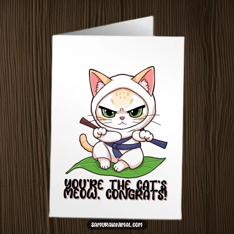 Funny Free Printable Congrats Card: A determined cat performs ninja rolls on a leaf, celebrating a successful mission.