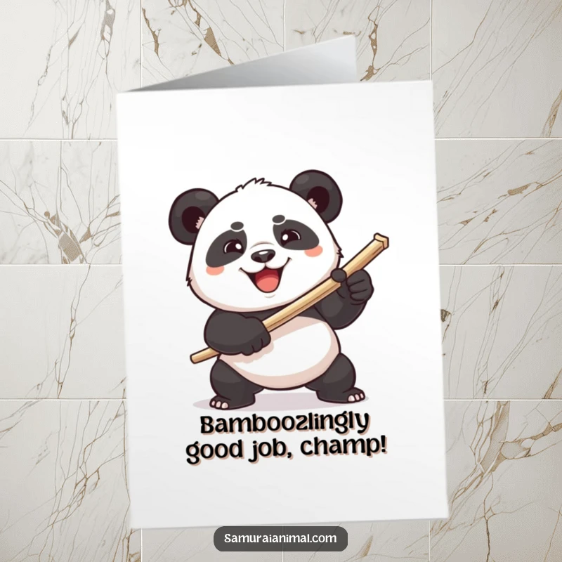 Funny Free Printable Congrats Card: A plump panda with a fierce grin brandishes a toothpick as a sword, ready to conquer.