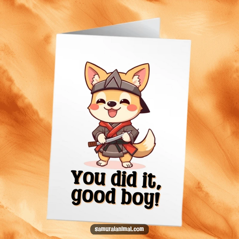 Funny Free Printable Congratulations Card: A happy dog dressed as a samurai, wagging its tail and holding a sai, celebrating.